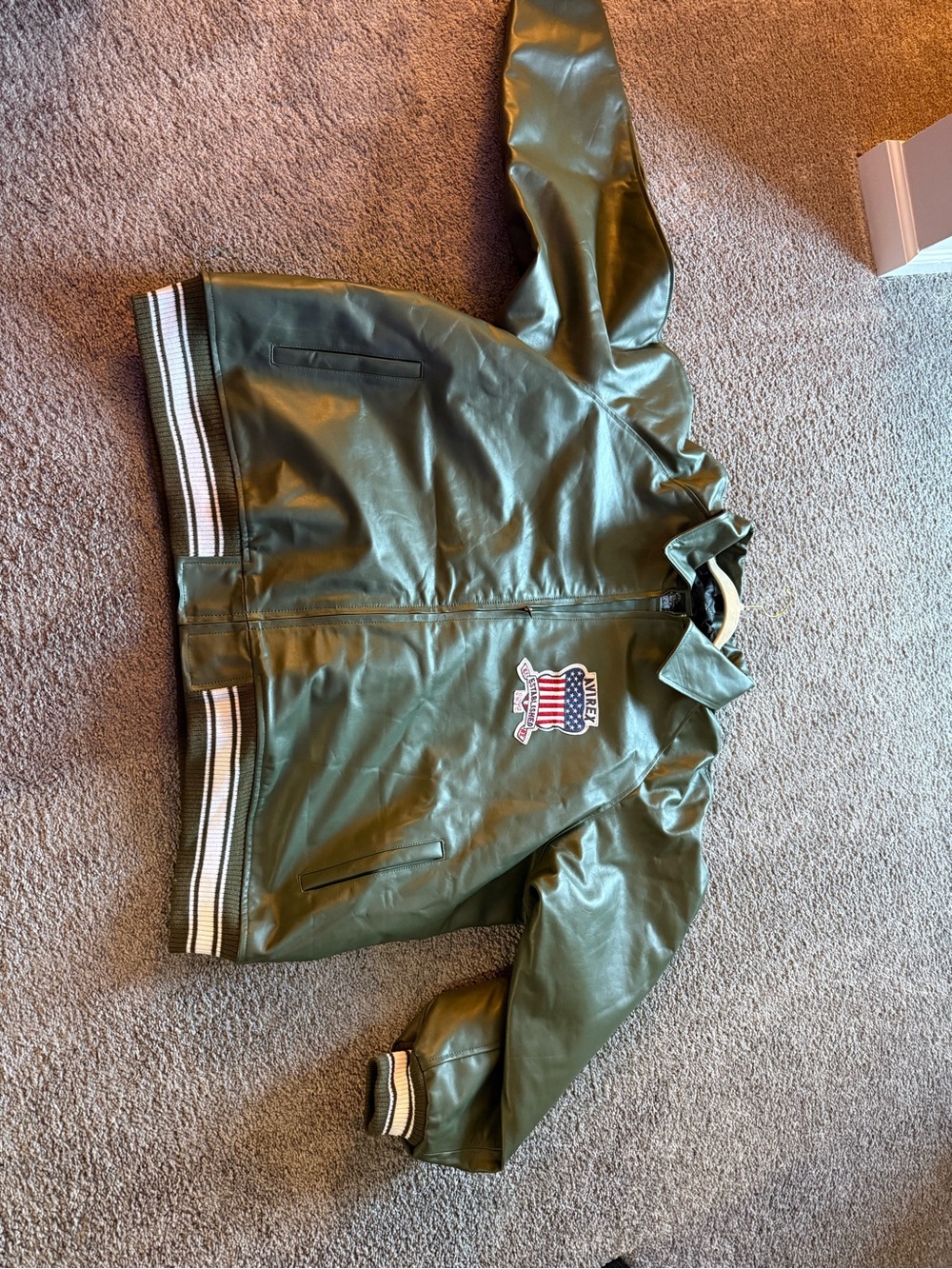 Avirex Olive Green Bomber Jacket with Striped Ribbing